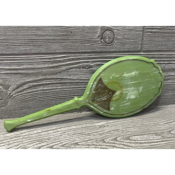 Celluloid Vanity Hand Mirror Green Art Deco Marble Look Embossed Vintage 12.5” - Picture 1 of 9